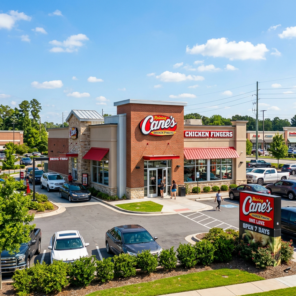 Raising Cane's chicken fingers restaurant with drive-thru, parking lot, and people walking in.