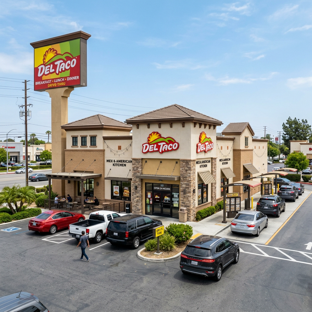 Del Taco restaurant with cars in drive-thru and a few people dining outside