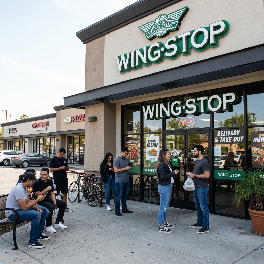 Group of people outside Wingstop restaurant with some waiting and others talking