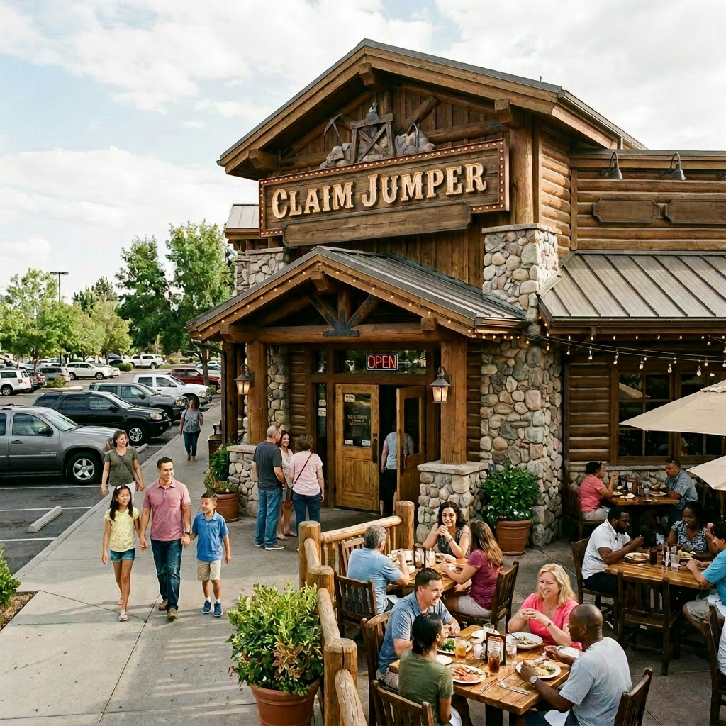 Exterior of Claim Jumper restaurant with outdoor dining and people walking nearby