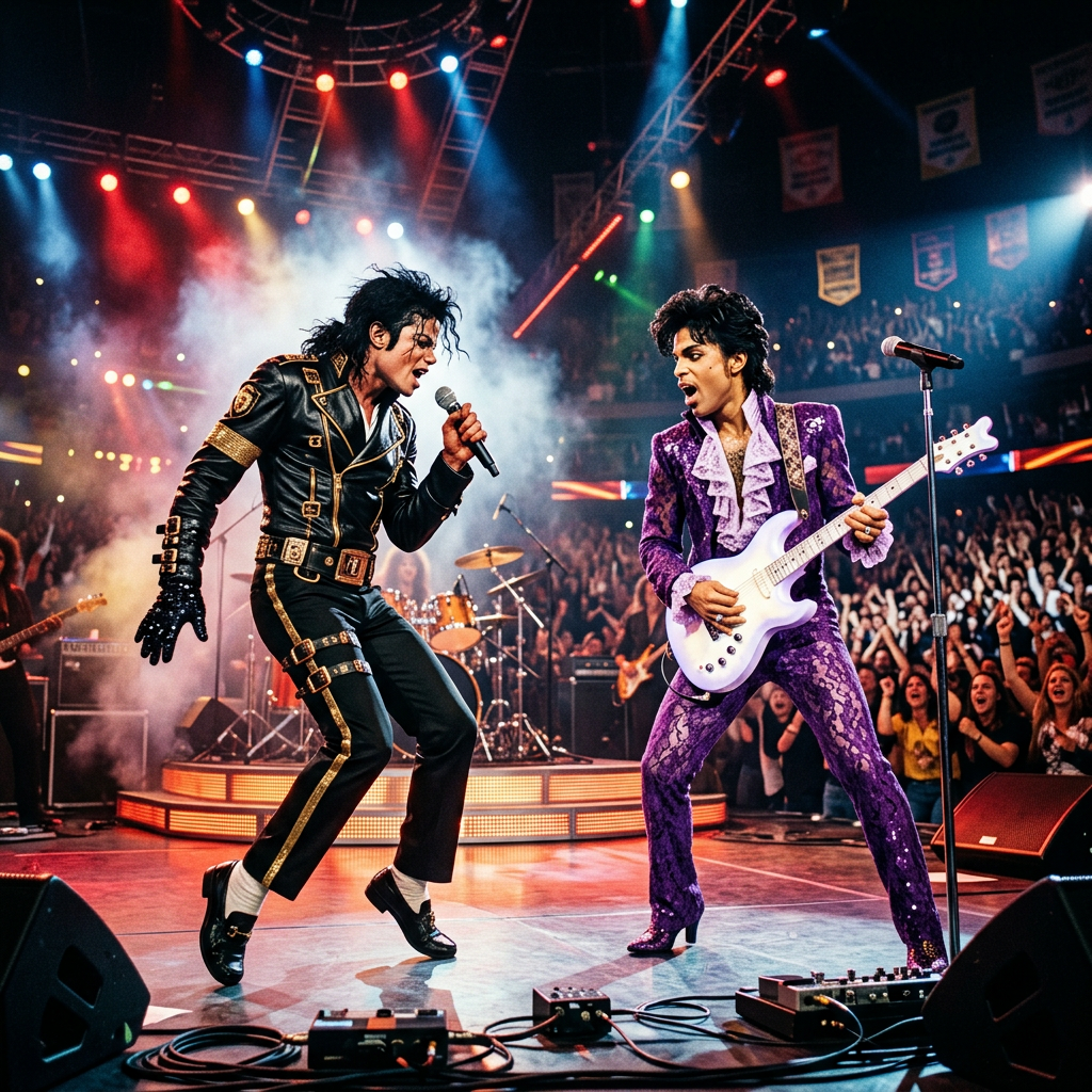 Two musicians on stage, one singing in a black and gold leather outfit, the other playing guitar in a purple ruffled suit