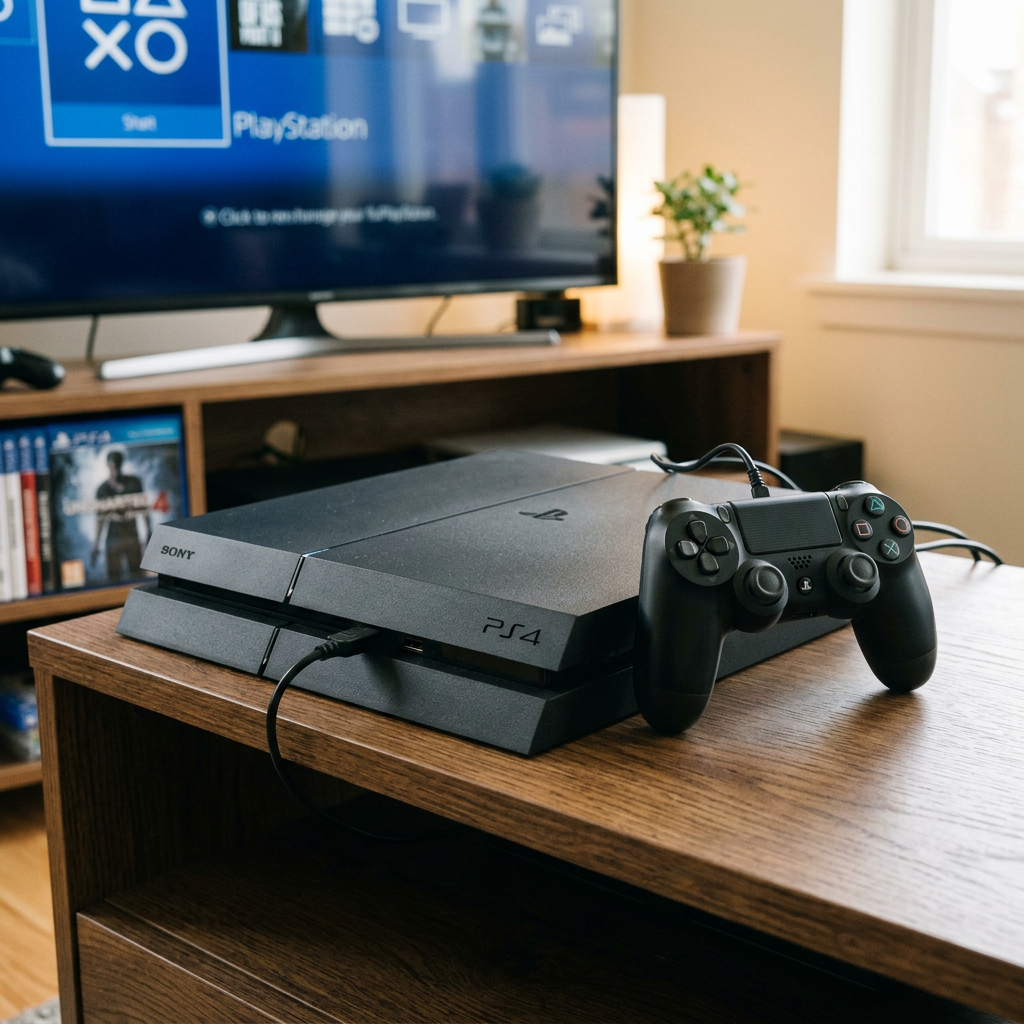 PlayStation 4 console with a connected controller on a wooden table