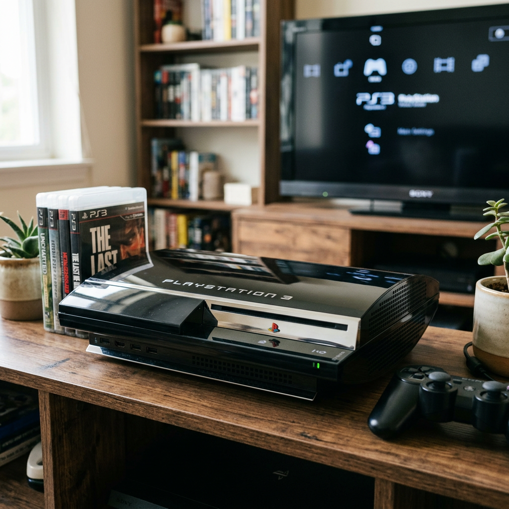 PlayStation 3 console with controller and game cases on wooden table