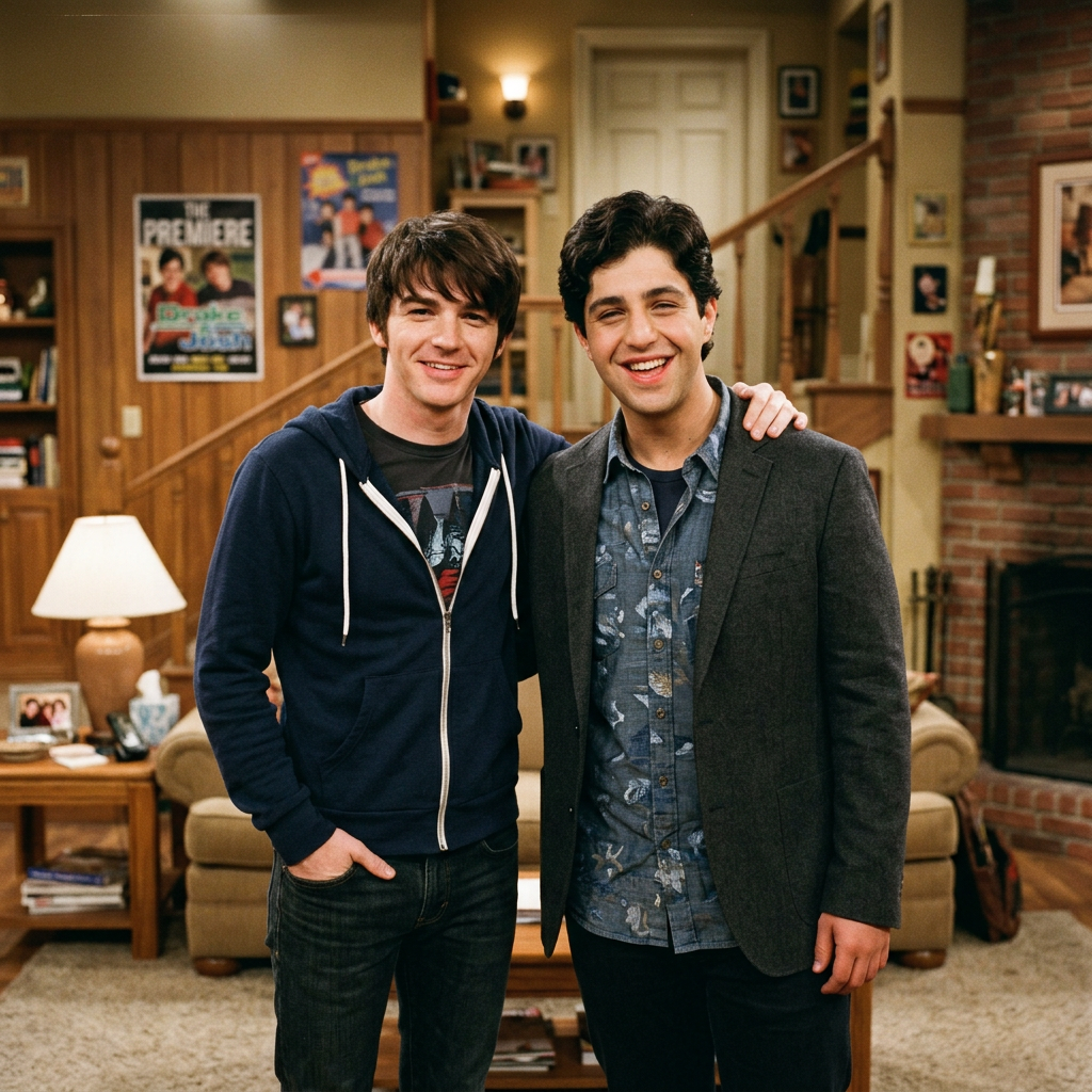 Two young men standing close with one arm around the other's shoulder in a living room.