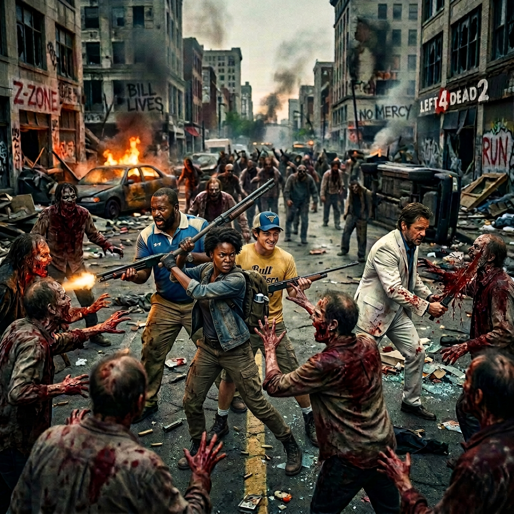 Four armed survivors fighting off zombies on a destroyed urban street with fires and overturned cars