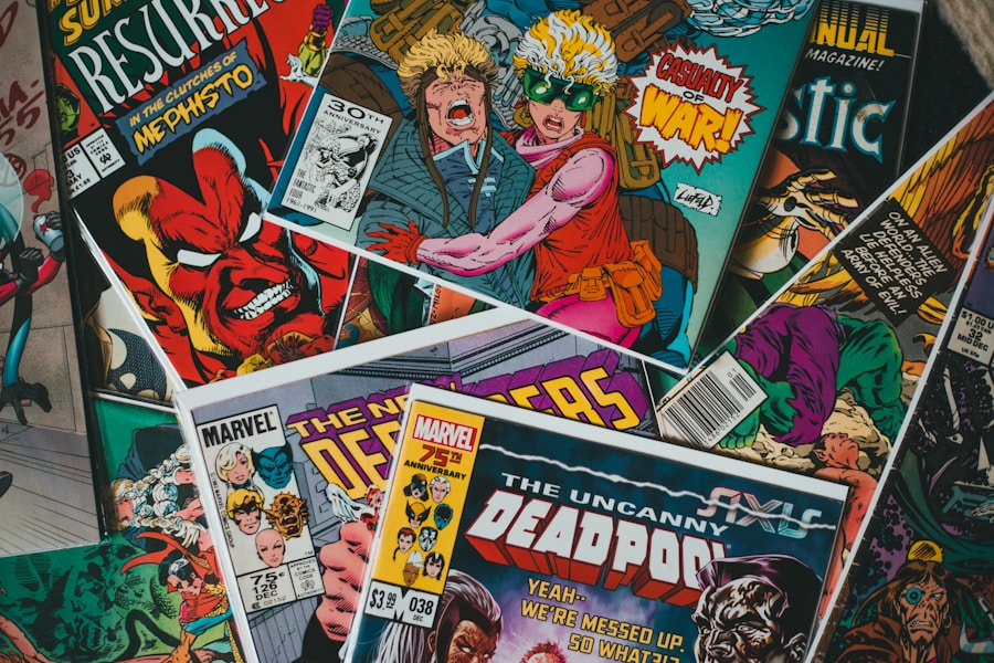 Stack of colorful comic books featuring Marvel and The Uncanny Deadpool covers
